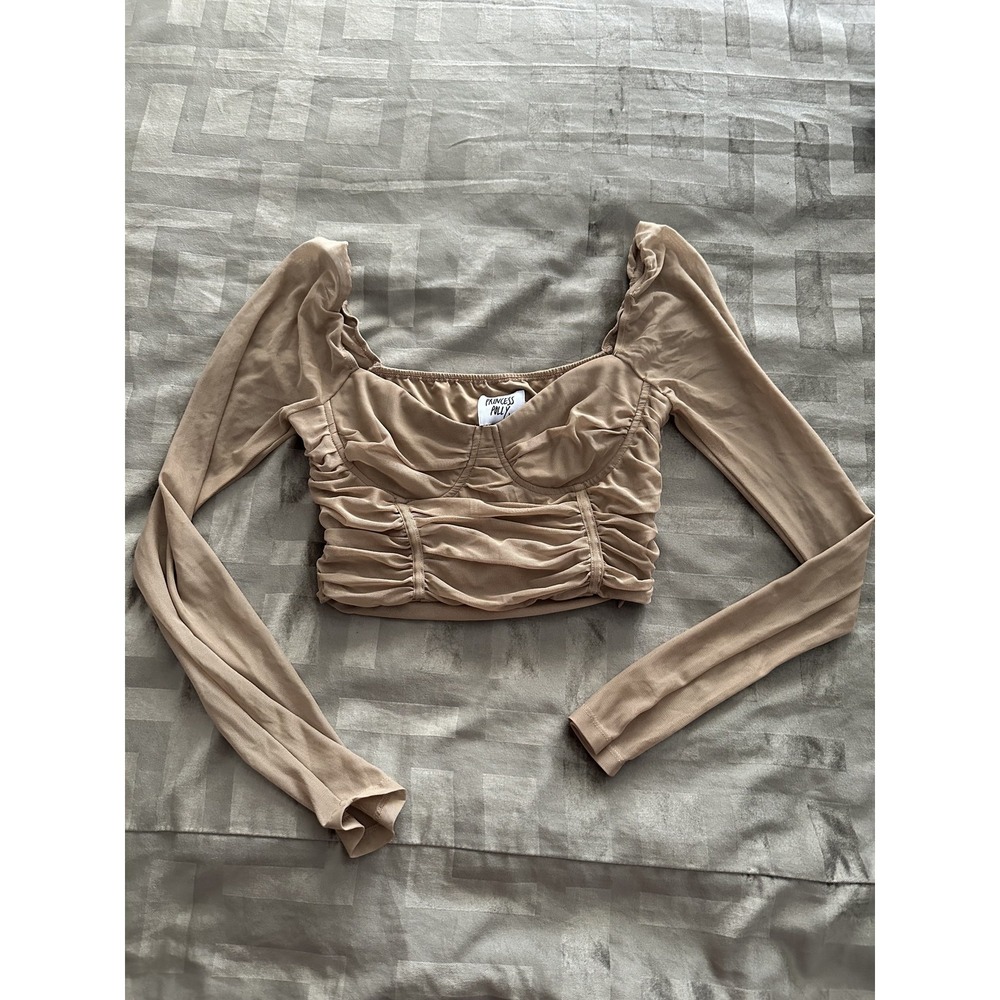 Princess Polly Mesh Ruched Top Womens Medium US 8 Sheer Long Sleeve Gathered